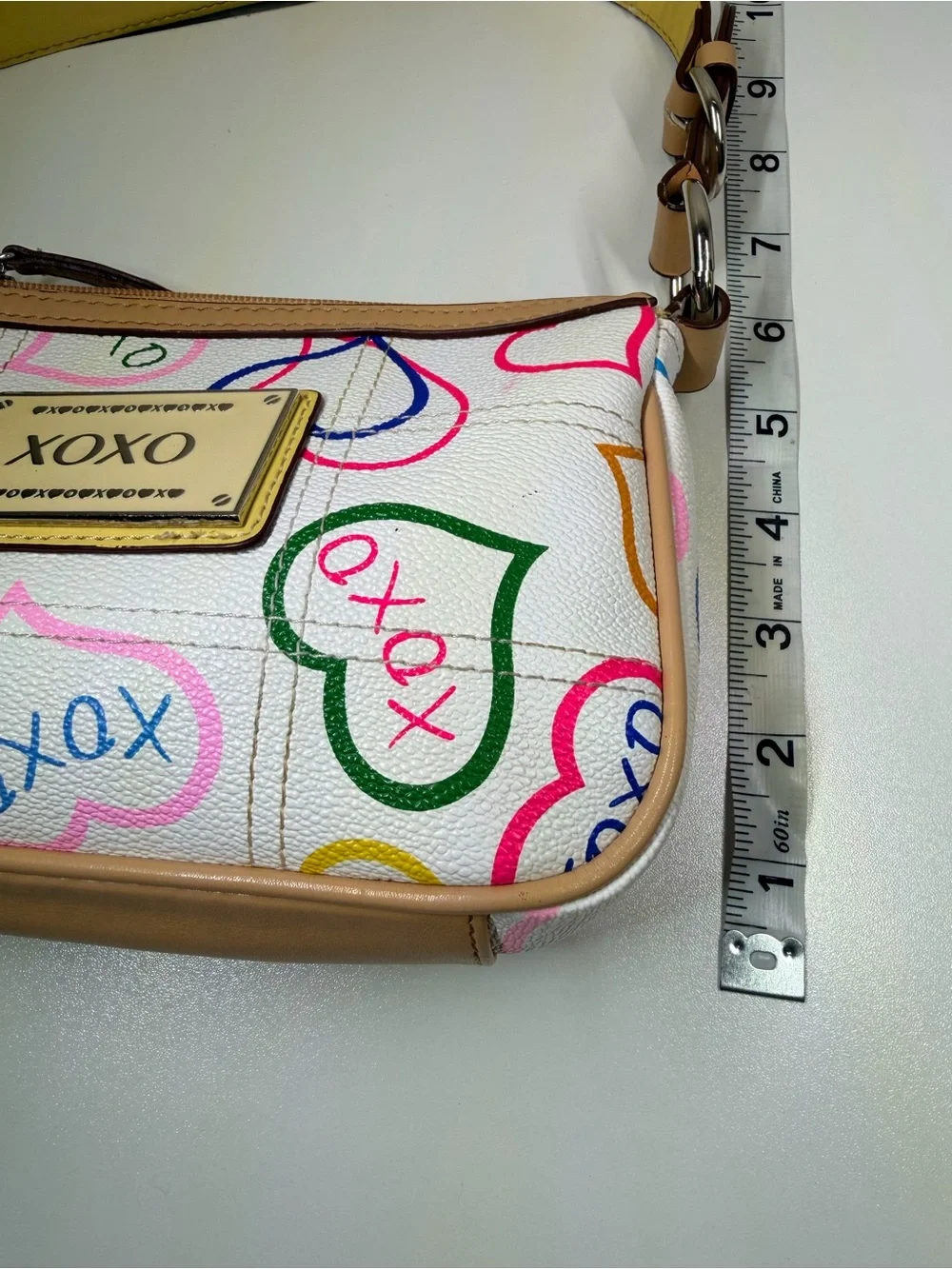 XOXO White Multicolor Heart Print Wristlet with Tan Trim